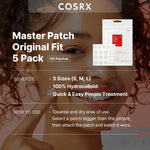 COSRX hydrocolloid acne stickers close up view displaying five individual sheets inside the outer packaging