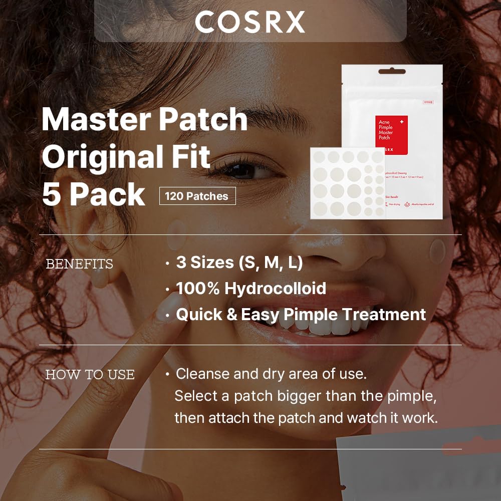 COSRX hydrocolloid acne stickers close up view displaying five individual sheets inside the outer packaging