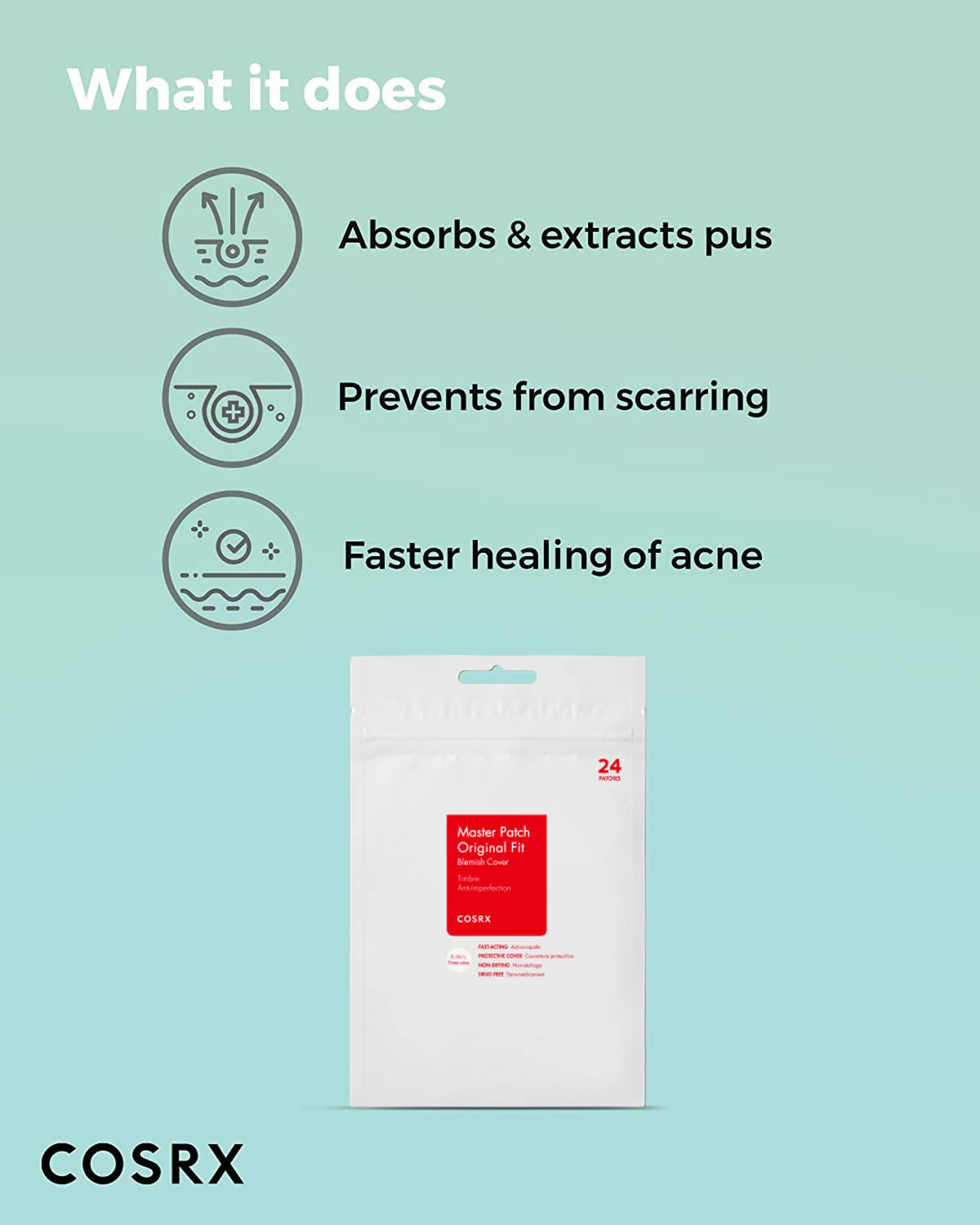 Assorted sizes of COSRX acne master patches designed for sensitive skin breakout protection.