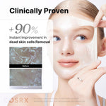 Peeling off the clear COSRX exosome wrapping mask in one piece to reveal radiant glowing skin.
