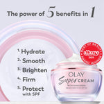 Olay Super Cream lightweight daily face moisturizer jar packaging on display.