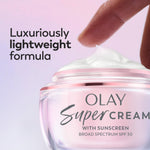 Olay Super Cream daily defense moisturizer jar with collagen peptide benefits.