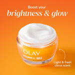 Olay brightening gel cream moisturizer for women with citrus scent displayed on a modern vanity setup