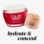 Fragrance-free Olay eye cream jar alongside skincare ingredients view