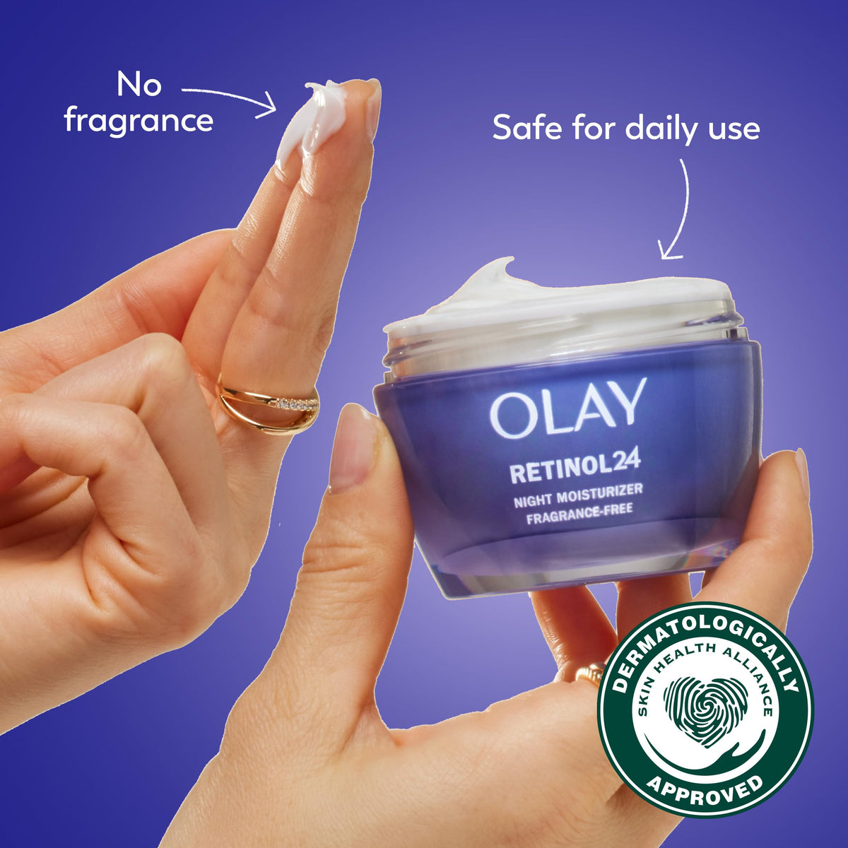 Olay fragrance free retinol face moisturizer inside open container displaying cream texture