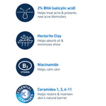 Back label of CeraVe acne control cleanser showing essential ceramides ingredients list