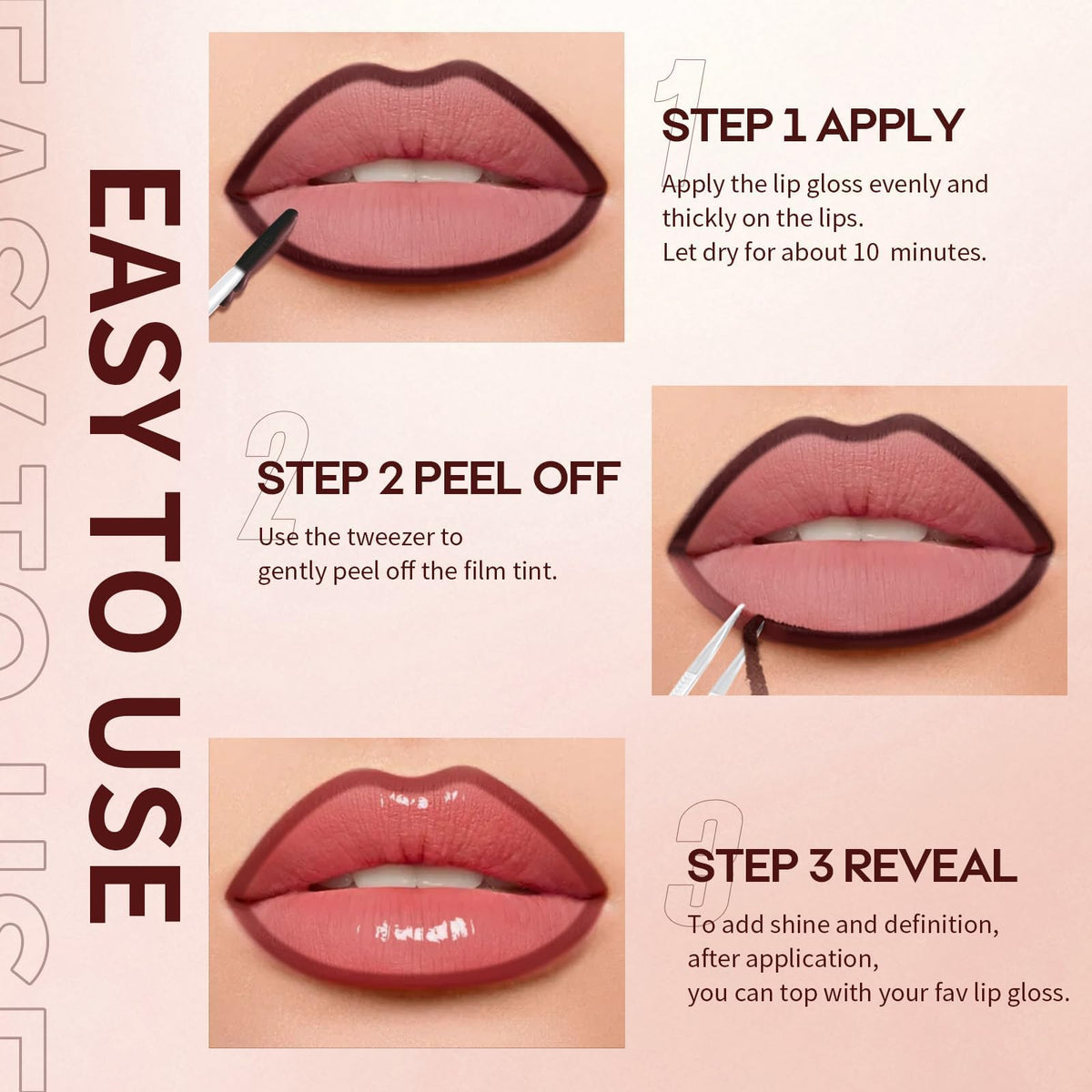 Highly pigmented cosmetic lip stain kit displaying the gel formula texture