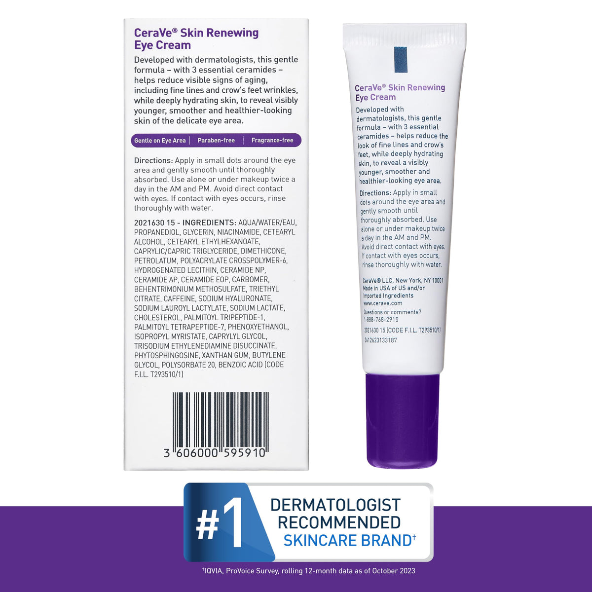 Authentic CeraVe imported eye cream box demonstrating the anti-aging peptide complex features