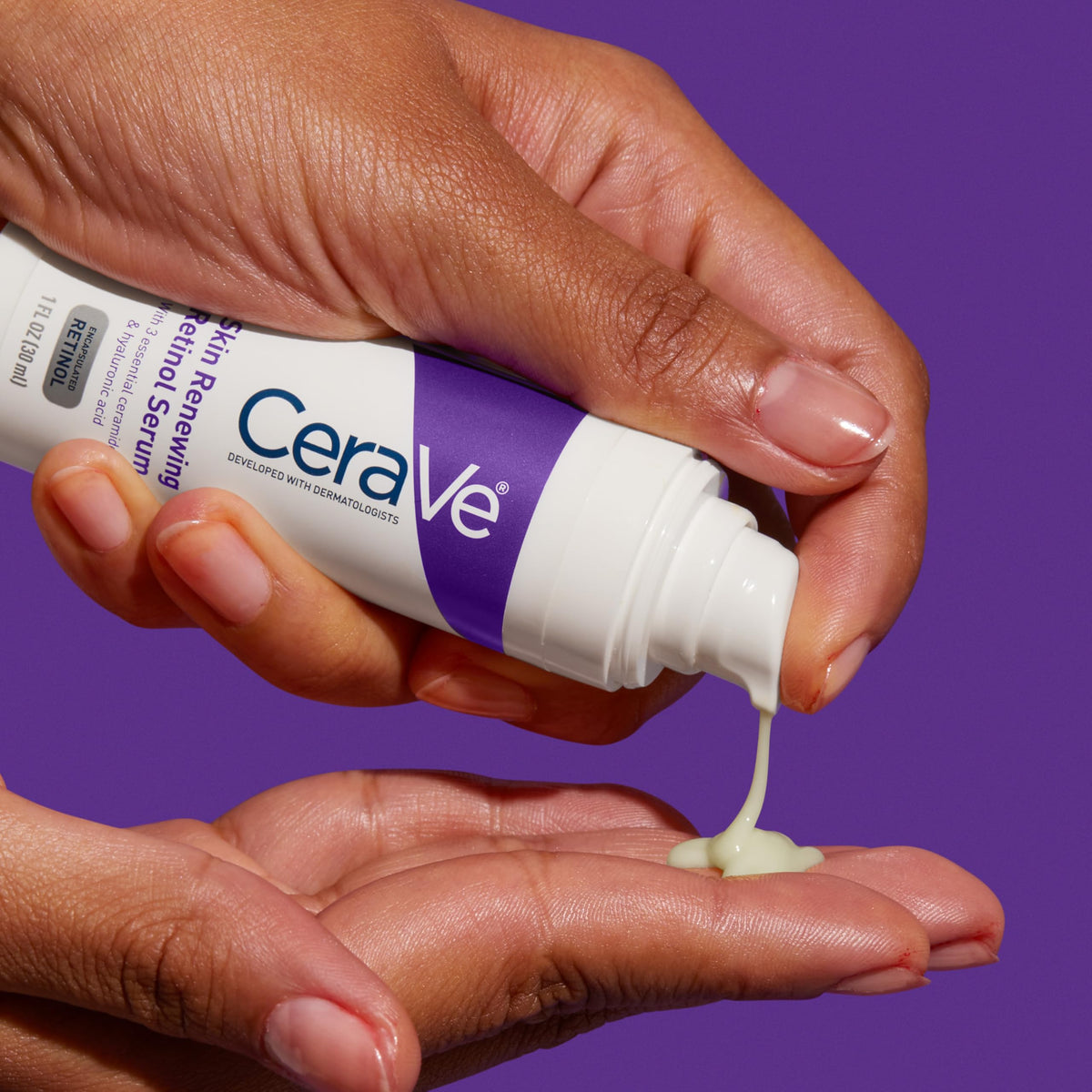 CeraVe skin renewing anti aging formula displayed upright on a clean surface emphasizing dermatological testing and fragrance free attributes.