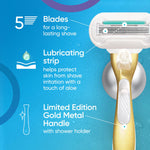 Gillette Venus five blade women's razor head close up with lubricating strip