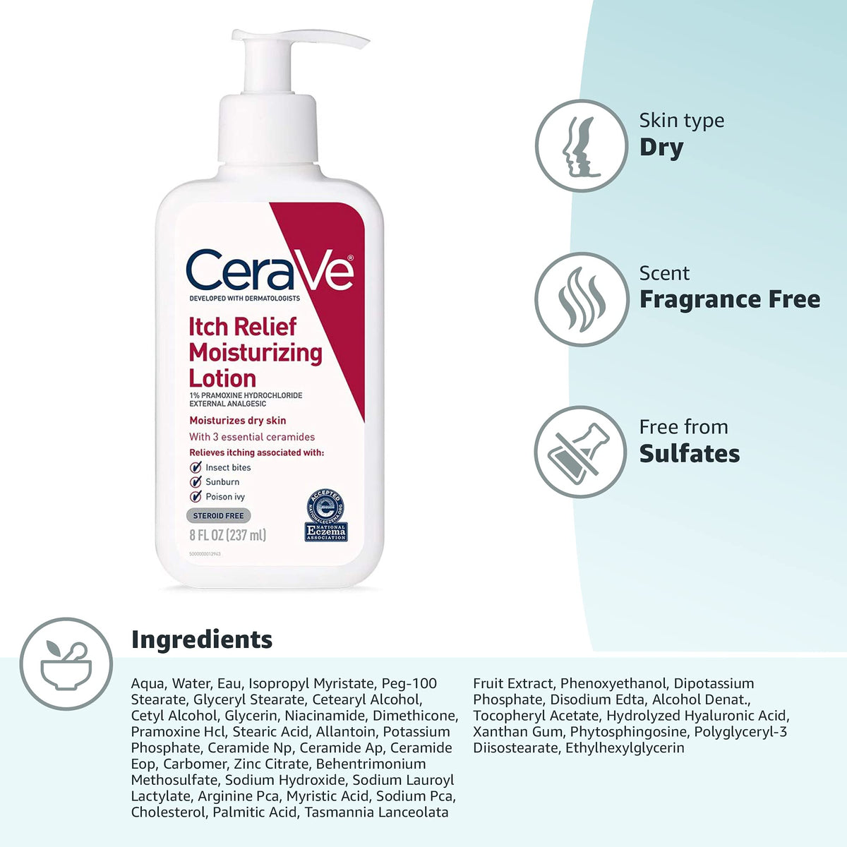 CeraVe skincare range including the authentic imported itch relief formula on a plain background
