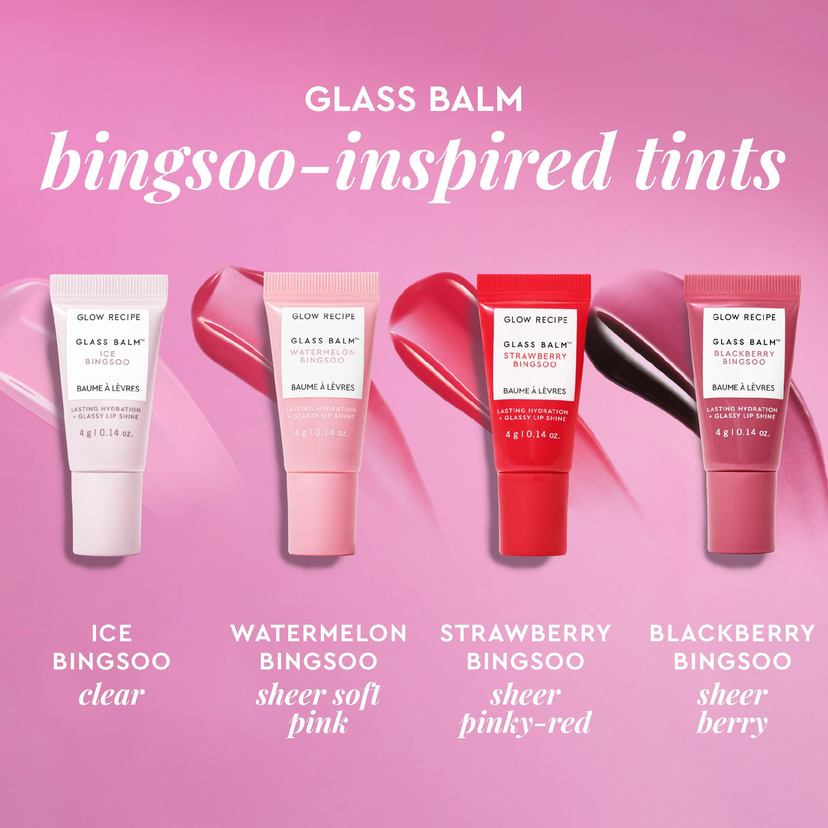 Four mini Glow Recipe lip balms lined up with branding