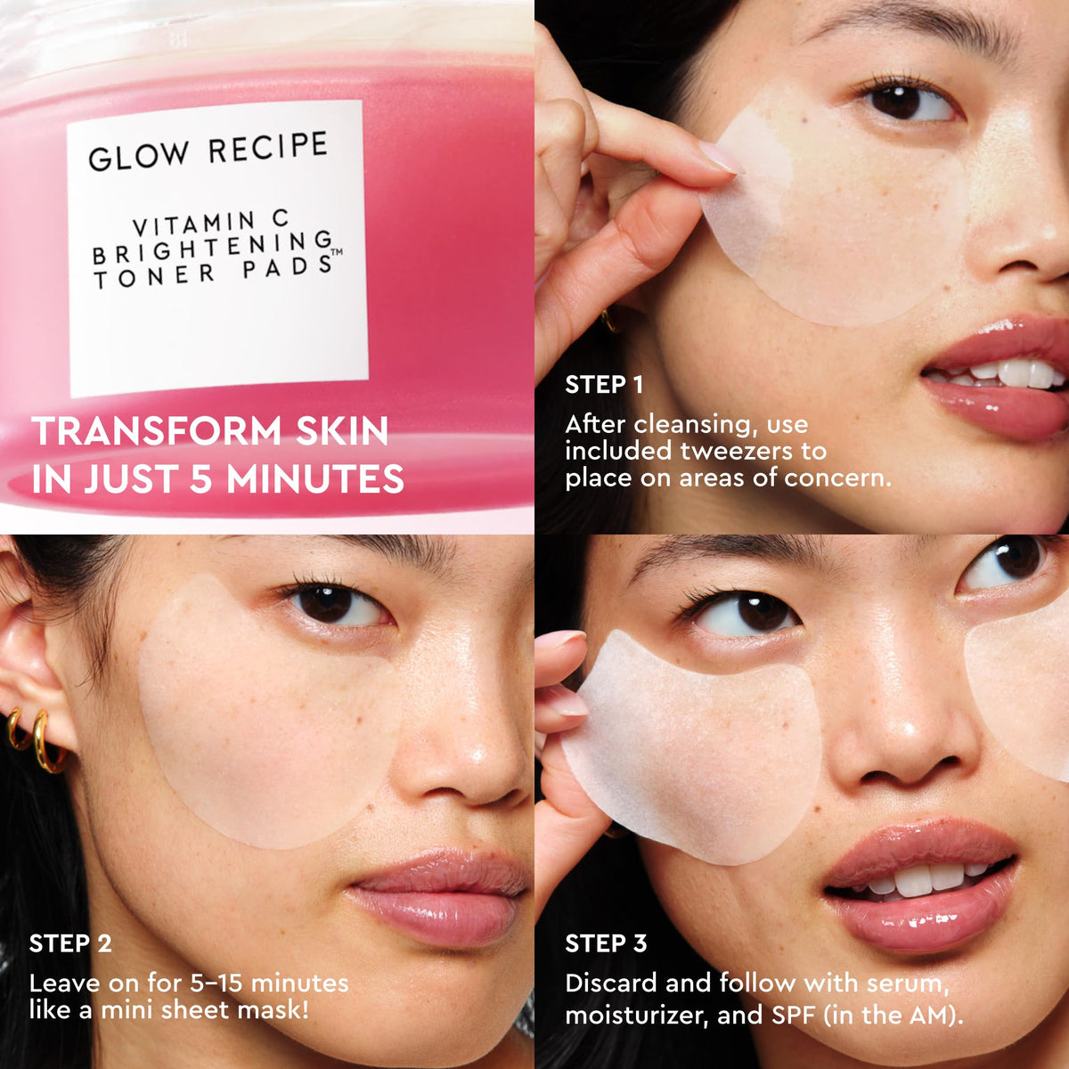 Glow Recipe Guava brightening facial pads packaging detailing ingredients like niacinamide and caffeine