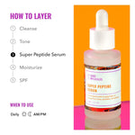 Good Molecules Super Peptide Serum bottles showing instructions for plumping and firming aging skin.