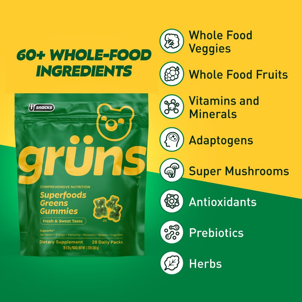 Grüns Super Greens plant-based gummy bears in strawberry sweet green flavor
