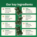 Grüns plant-based superfood gummy bears rich in spirulina and chlorella spilled neatly next to the original packaging.