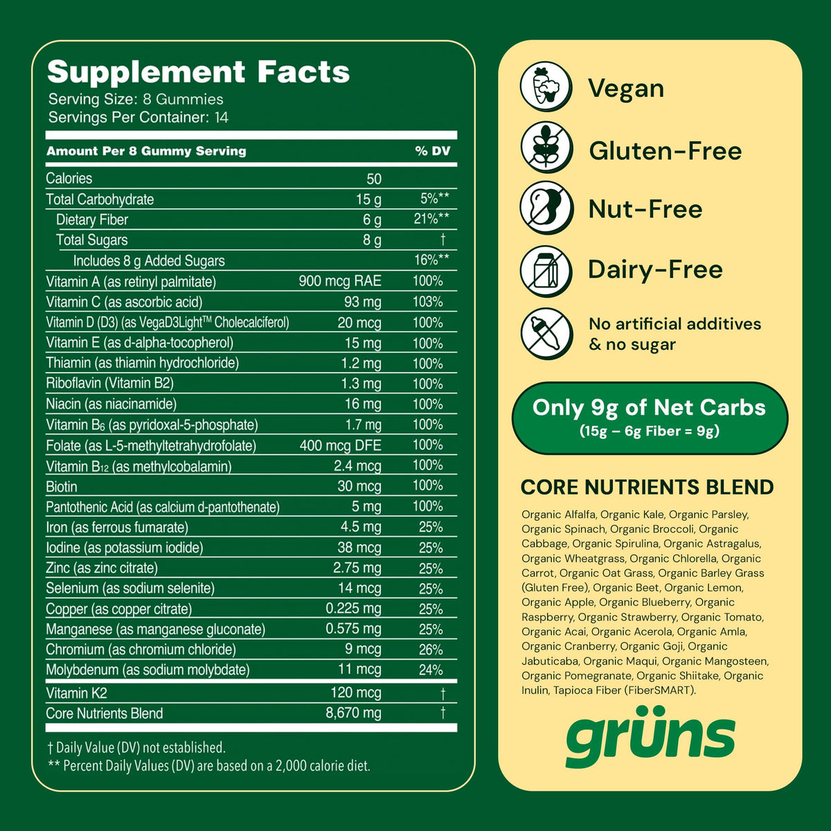 USA imported Grüns comprehensive adults health supplement packaging details