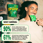 Authentic imported Grüns super greens dietary supplement pouch standing upright on a clean wellness vanity.
