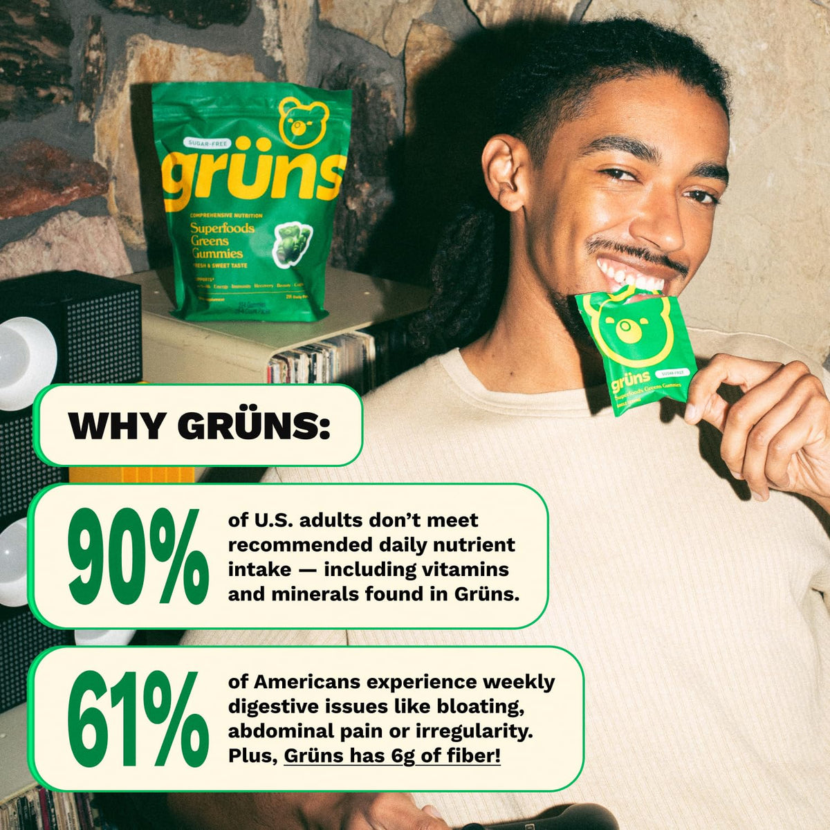 Authentic imported Grüns super greens dietary supplement pouch standing upright on a clean wellness vanity.