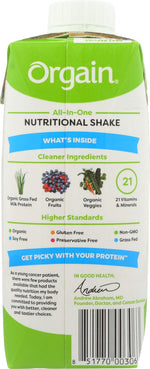 Orgain grass-fed protein shake strawberry flavor nutrition label and ingredients list