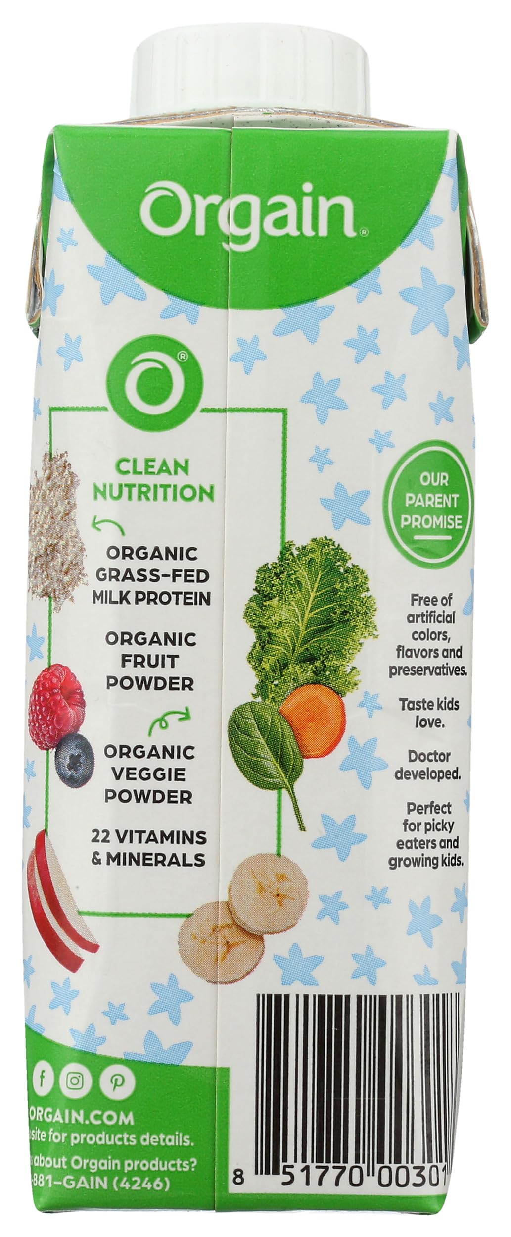 Orgain organic vanilla nutrition beverage for kids showing nutrition facts and ingredient list label