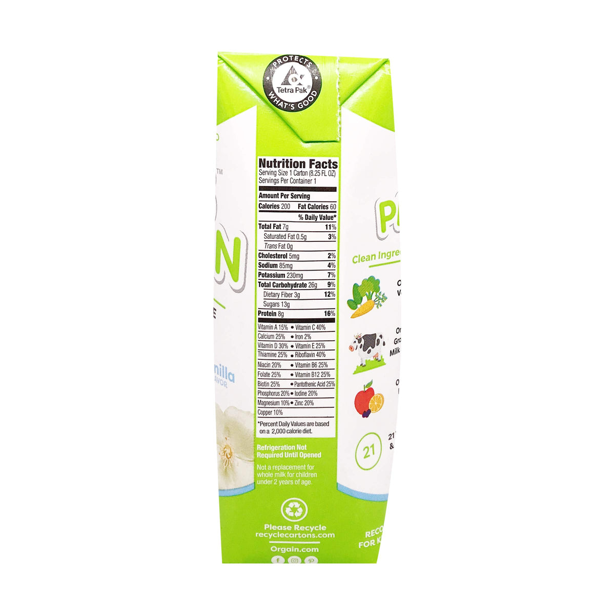 Side profile of Orgain healthy kids vanilla drink carton highlighting organic fruit and vegetable blend