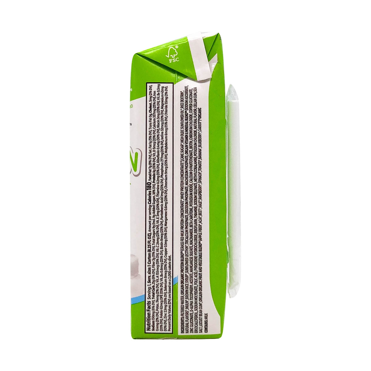Top angle view of imported Orgain organic kids protein shake in vanilla bean flavor packaging