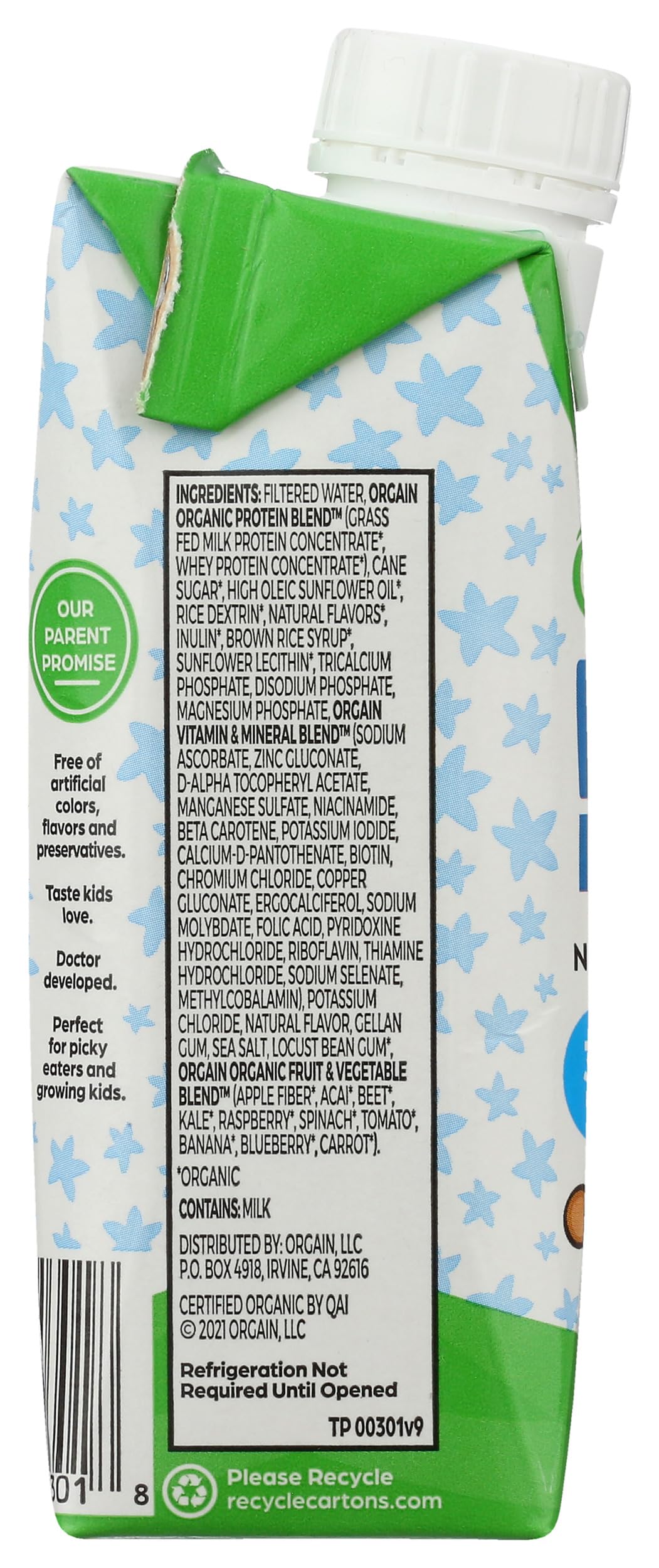 Back label view of Orgain vanilla kids nutritional drink with twenty two vitamins and minerals breakdown