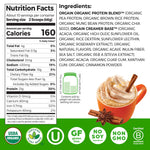Close up of Orgain Pumpkin Spice protein powder label and nutritional info