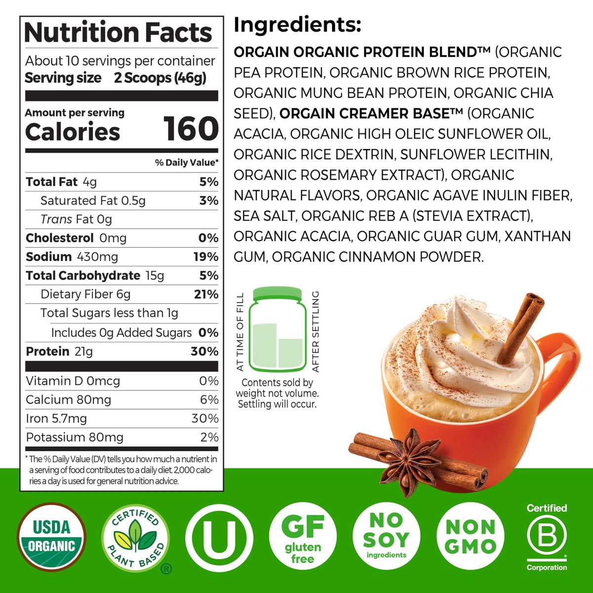 Close up of Orgain Pumpkin Spice protein powder label and nutritional info