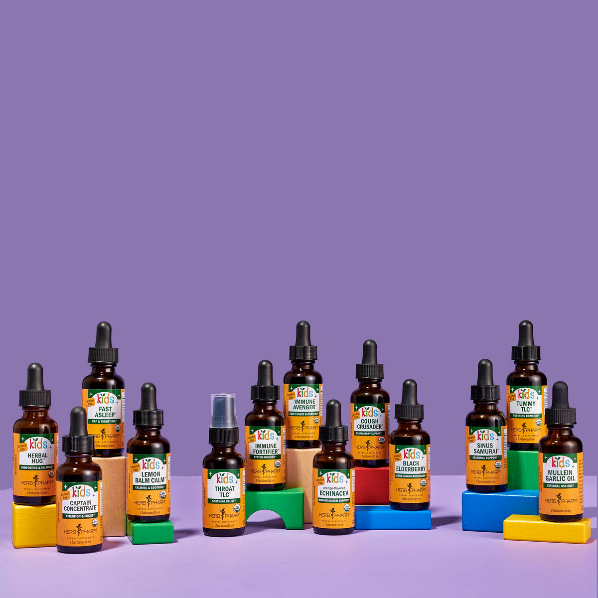 Group shot of Herb Pharm organic children's wellness drops