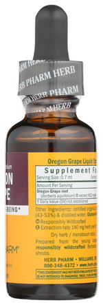 Back label of Herb Pharm Oregon Grape Root showing non GMO verified standards.
