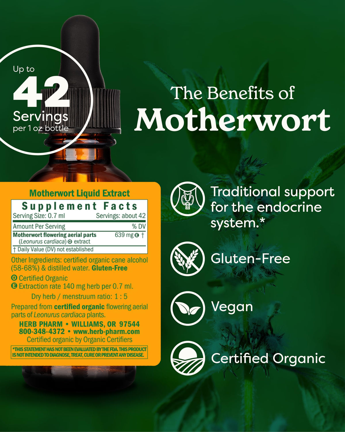 Close up of Herb Pharm Motherwort label showing organic certification