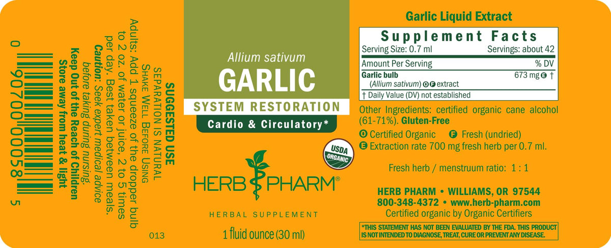 Herb Pharm organic garlic liquid extract bottle displayed on a clean wellness background