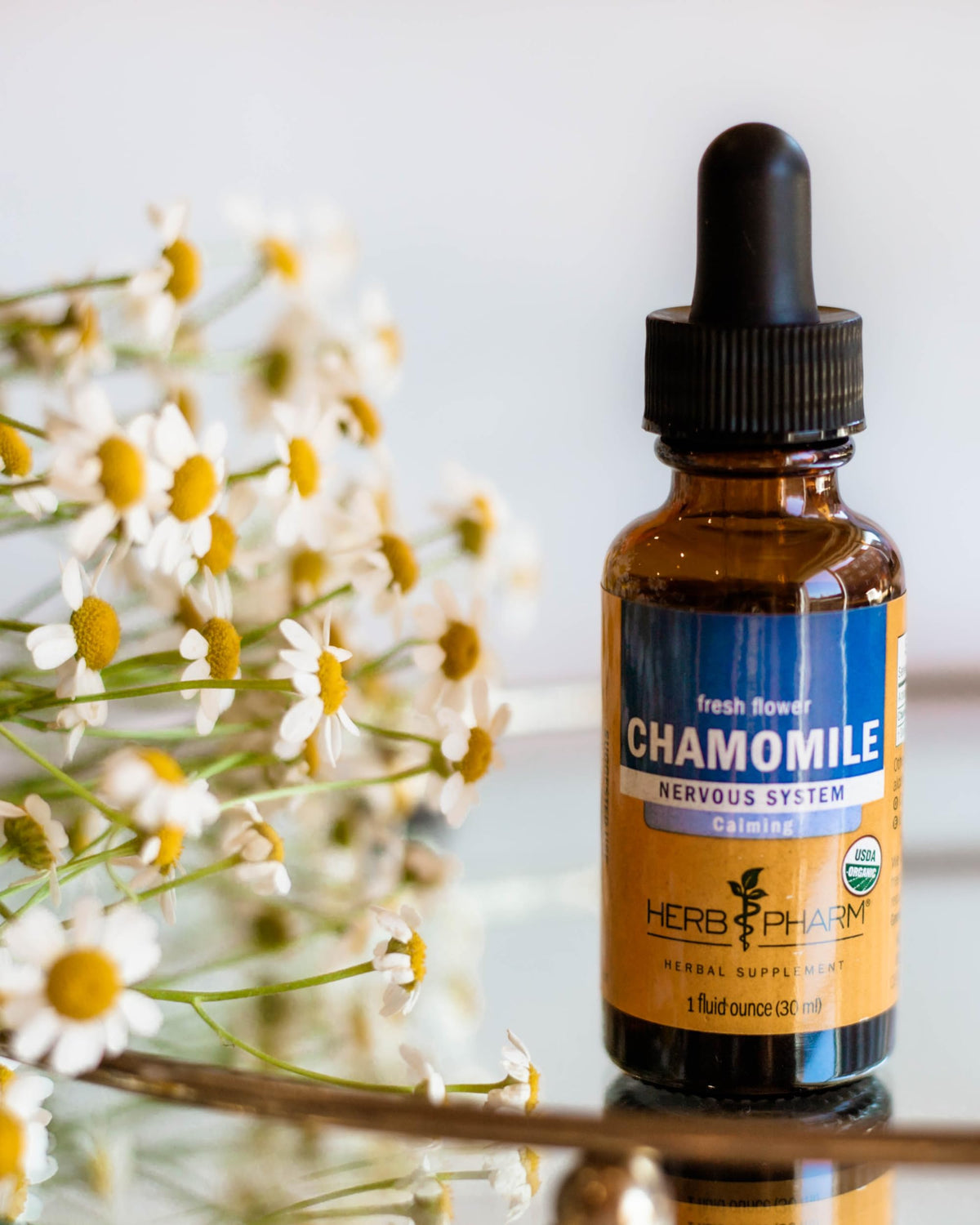 Herb Pharm chamomile liquid drops dropper bulb mechanism detail view for easy dosage control
