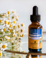 Back label of Herb Pharm chamomile extract detailing USDA organic certification and supplement facts.