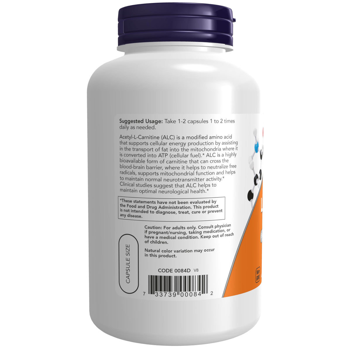 Back of the bottle showing non-GMO and GMP quality assured certifications for ALCAR supplement.