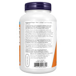 Side view of Now Foods molecularly distilled fish oil bottle detailing allergen information and purity standards.