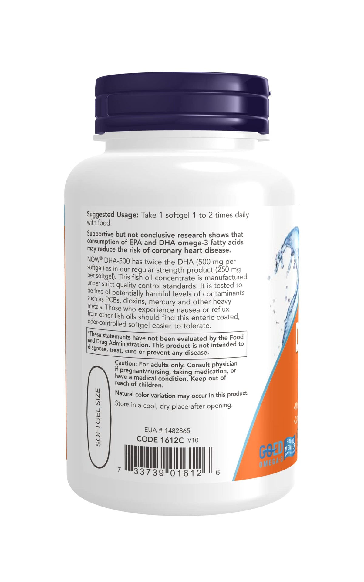 Authentic NOW Foods DHA 500 enteric coated softgels nutritional facts and labels.