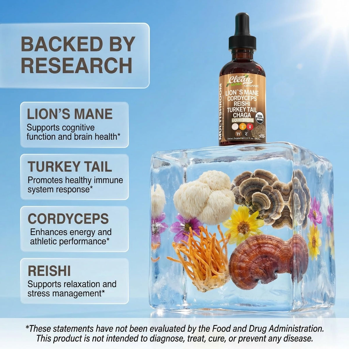 Clean Nutra 10-in-1 mushroom drops daily serving size dropper detail
