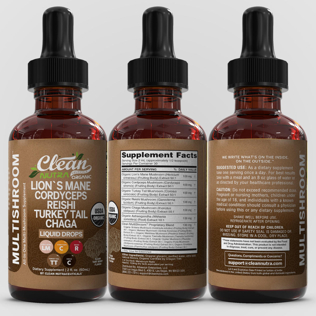 Clean Nutraceuticals 60 mL organic mushroom complex liquid drops box packaging