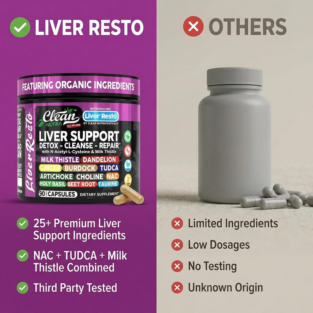 Clean Nutraceuticals advanced liver cleanse dietary supplement bottle highlighting glutathione support benefits