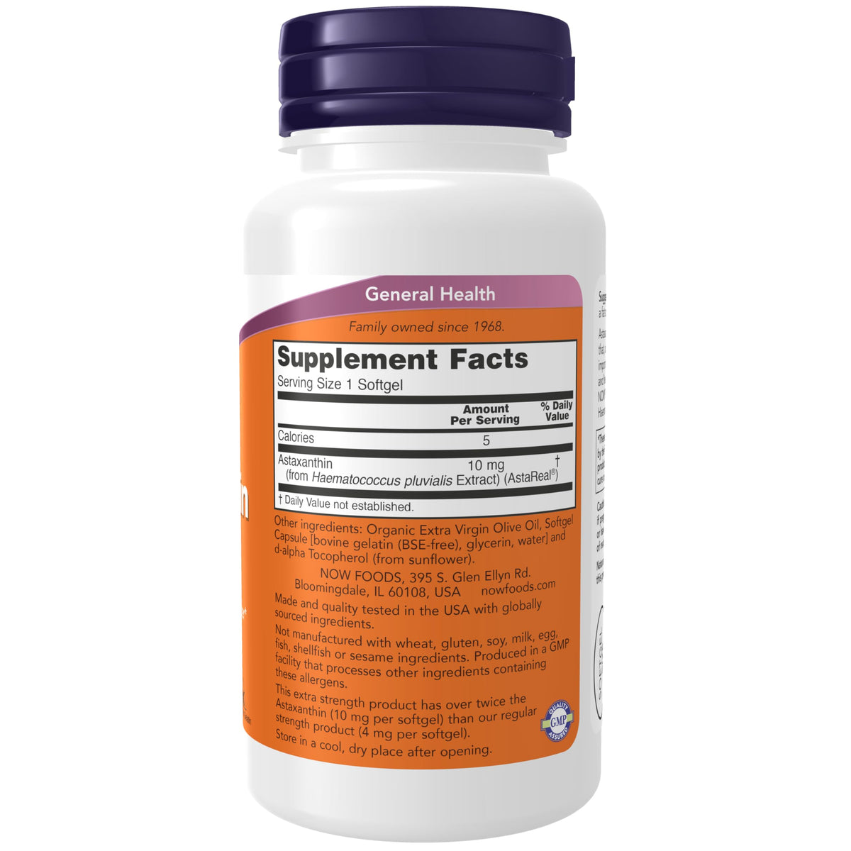 Now Foods Astaxanthin 10mg supplement facts panel and ingredient list