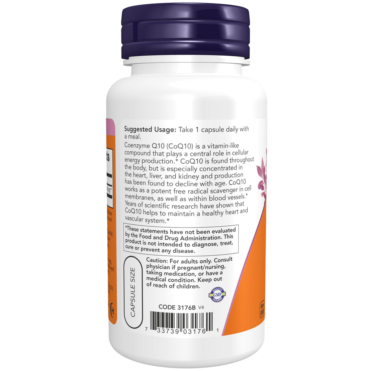 Imported NOW Foods CoQ10 200 Milligrams side view showing product certifications