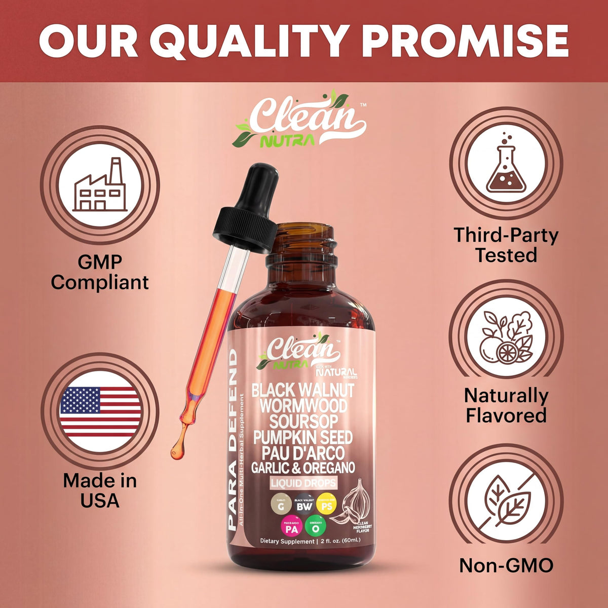 Clean Nutraceuticals Para Defend liquid extract formula featuring pumpkin seed and pau darco bark.