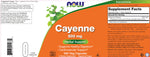 Authentic NOW Foods Cayenne pepper dietary supplement bottle showing non-GMO and vegan seals