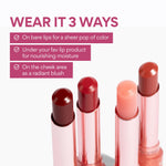 Innisfree glossy moisture lip balm being applied for a natural glowing makeup look.