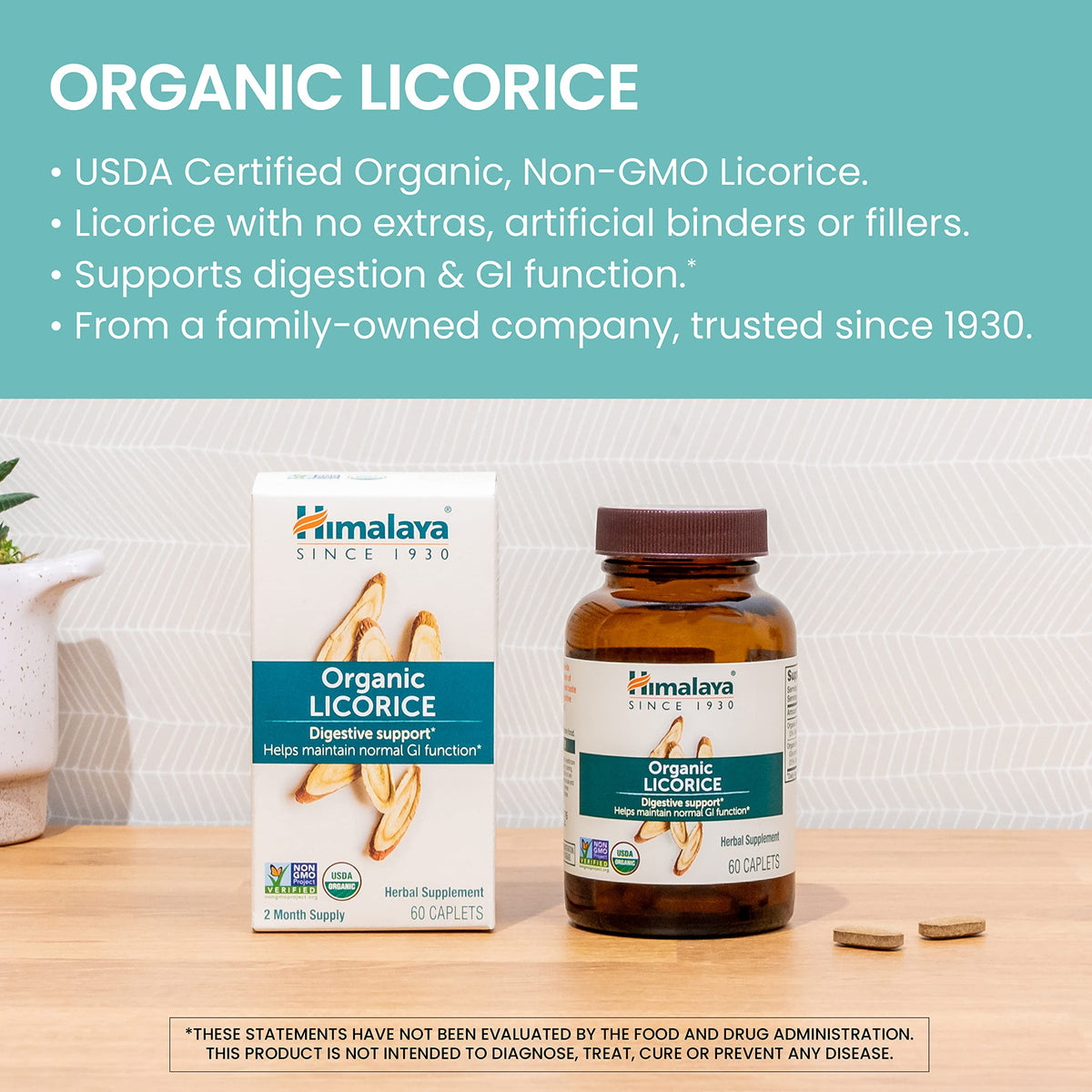 Close up of Himalaya Organic Licorice bottle dietary certifications
