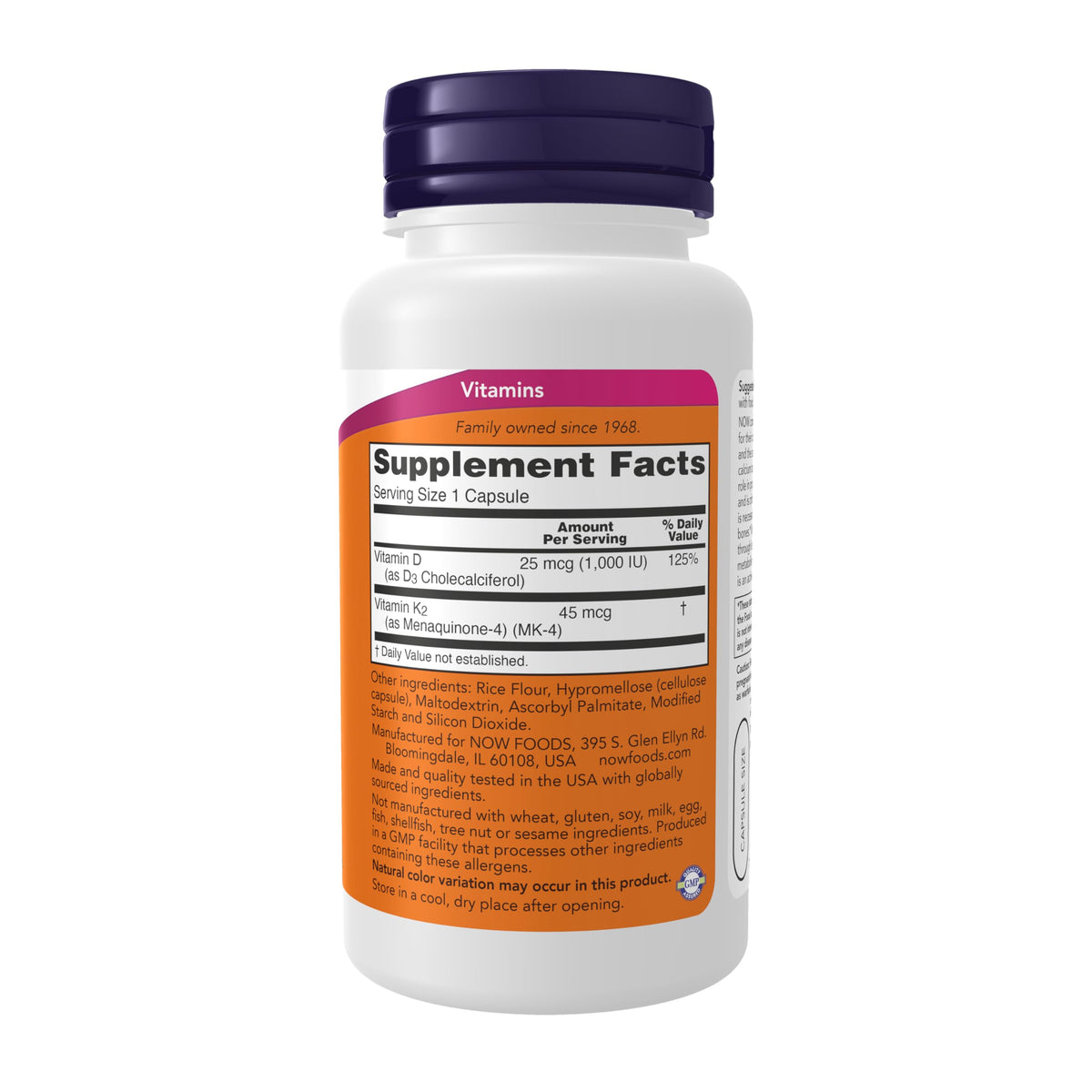 NOW Foods Vitamin D3 and K2 bone and heart health supplement label details