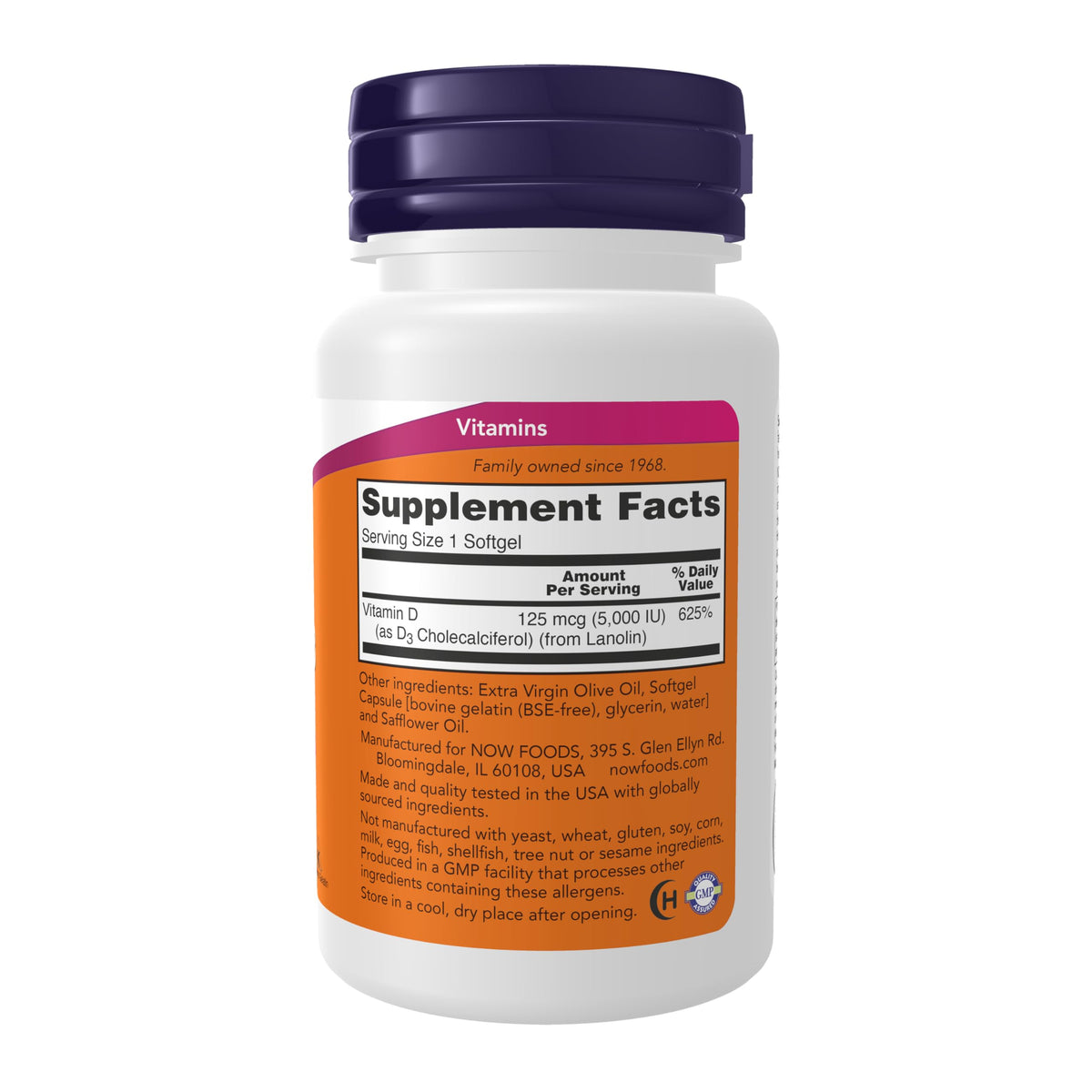 NOW Foods Vitamin D3 high potency structural support supplement bottle showing dosage facts